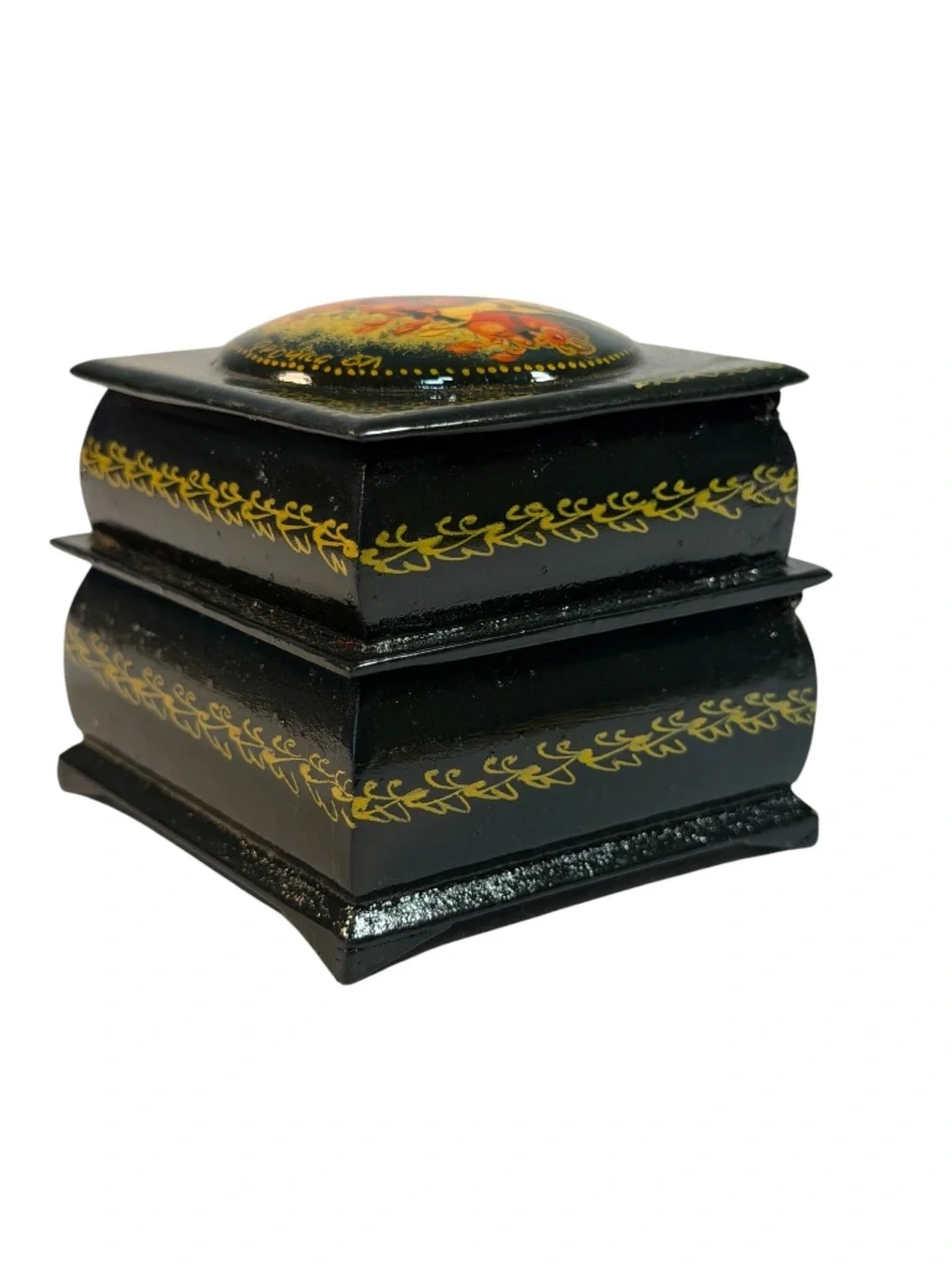 Vintage Russian Lacquer Double Box Double Deck Trinket/Jewelry Box Signed